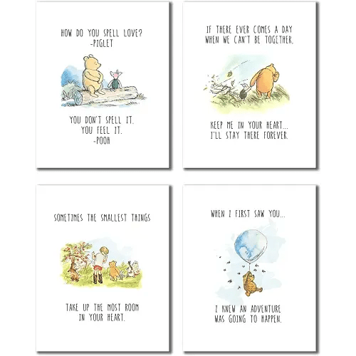 BigWig Prints Winnie the Pooh Wall Art - Classic Winnie the Pooh Nursery Decor, Friendship Quotes, Wall Art Decor Photos Bedroom Playroom, Quotes Prints, Inspirational Sayings -Unframed 4 Pack (8x10)