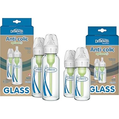 Dr. Brown's Natural Flow Anti-Colic Options+ Narrow Glass Baby Bottles, Made in The USA, BPA Free, 8oz and 4oz, 0m+, 4-Pack