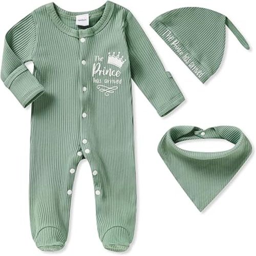 Newborn Infant Baby Boy Coming Homing Clothes Letter Print Button Knit Footed Romper Jumpsuit Hat Bibs 3pcs Outfit