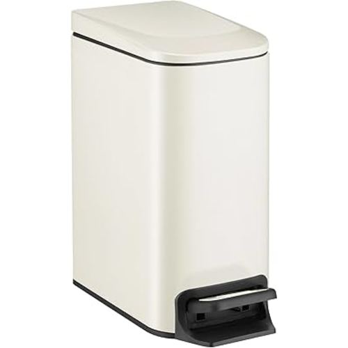 Slim Bathroom Trash Can with Lid Soft Close, 6 Liter / 1.6 Gallon Stainless Steel Garbage with Removable Inner Bucket, Small Trash Bins for Bedroom, Office (Cream)