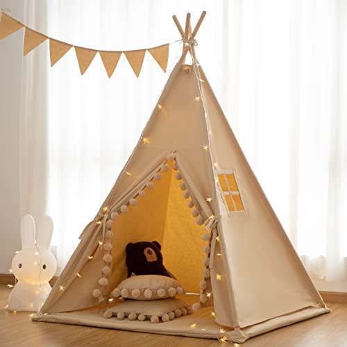 Teepee Tent for Kids Tent Indoor with Floor Mat,Carry Bag,Banner,Play Cottage with Star Light, Cotton Canvas Kids Teepee Tent for Girls & Boys, Pompom Ball Design, Foldable Teepee Tent for Kids
