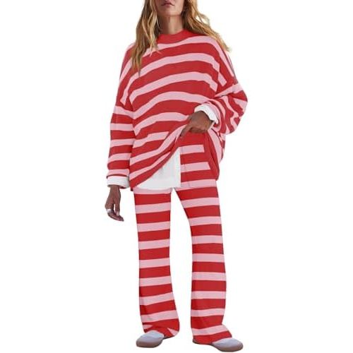 LAMISSCHE Oversized Womens Lounge Set Striped Sweater Set Long Sleeve 2 Piece Pajama Set Top and Pants with Pockets