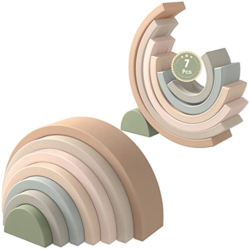 MCGMITT Rainbow Stacking Toy, Silicone Rainbow Stacker for Toddlers, Montessori Nesting Blocks, Building Creative Color Shape Matching Toy Set, 7 Layers (Brown)