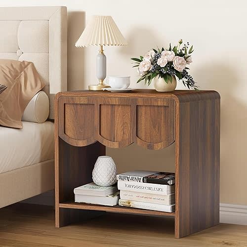 Night Stand, Mid Century Modern Farmhouse Wood Nightstand with Wave Panel Drawer, Bed Side End Table for Small Space, Living Room - Walnut
