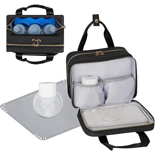 Wearable Breast Pump Bag with Cooler Compatible with Momcozy M5/S12 Pro, Elvie & Medela Pump in Style, Portable Pump Carrying Case with a Waterproof Mat for Work and Travel