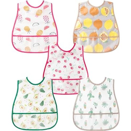 R HORSE 5Pcs Baby Bibs Set Toddler Bibs with Crumb Catcher Pocket & Snap Button Waterproof Baby Feeding Bibs for 6-24 Months