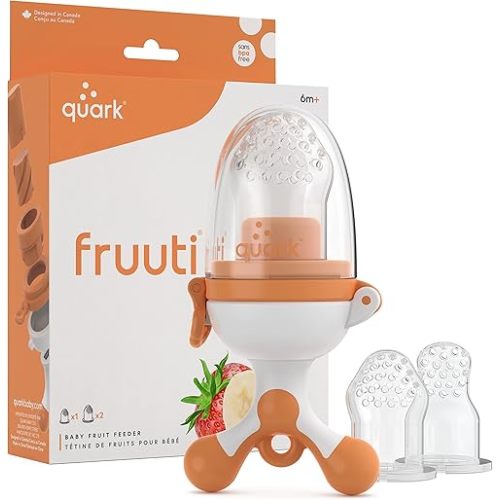 Fruuti Baby Fruit Feeder Pacifier by Quark - Silicone Baby Food Feeder - 3 Tip Sizes Grow with Baby - Easy for Little Hands to Hold - Secure Latch & Clip Ring - BPA, BPS, PVC, Phthalate & Lead Free