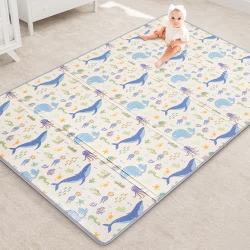 BUMJITO Reversible Baby Floor Mat (71x59x0.4in) -Foldable, Lightweight Foam Playmat for Babies & Toddlers - Waterproof, Easy Cleaning & Storage - Ideal for Indoor/Outdoor Play & Travel (Marine World)
