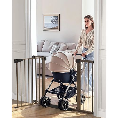 Cumbor 29.7-46" Baby Gate for Stairs, Mom's Choice Awards Winner-Auto Close Dog Gate for the House, Easy Install Pressure Mounted Pet Gates for Doorways, Easy Walk Thru Wide Safety Gate for Dog, Brown