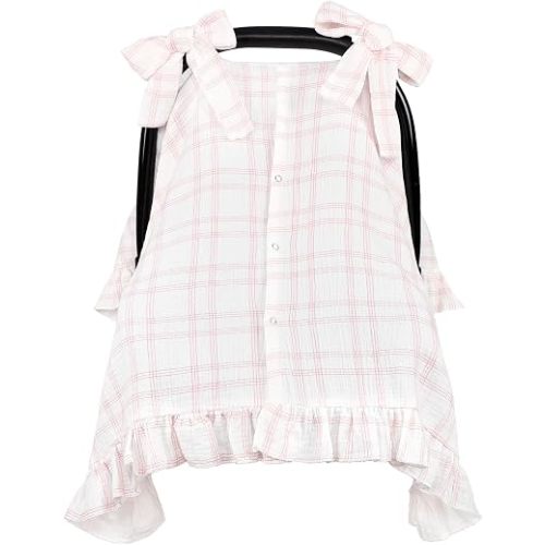 Muslin Car Seat Cover for Baby Girls with Bow Lacing, Checkered