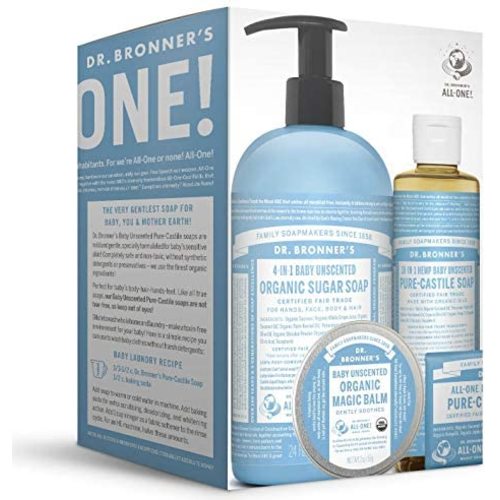 Dr. Bronner's Baby Unscented Gift Set - Pure-Castile Liquid and Bar Soaps, Organic Magic Balm, and 4-in-1 Organic Sugar Pump Soap