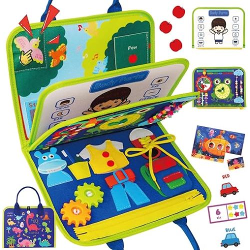 Busy Board for 1 2 3 4 Year Old Toddler, Montessori Educational Sensory Toys Kids Travel Quiet Book Plane Car, Gifts for Boys Girls, Preschool Learning Activities Fine Motor Skills (Blue)
