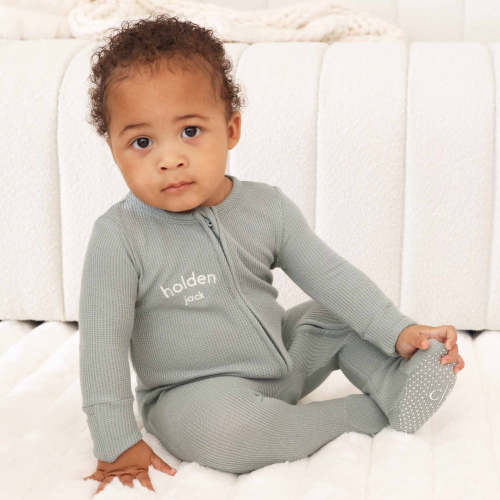Embroidered Bamboo Waffle Zipper Footie | Mountain Haze
