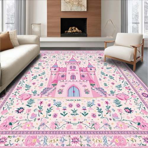 Ultra Soft Area Rug, Non Slip, Stain Resistant, Washable Area Rugs for Living Room, Bedroom, Delightful Colorful Castle Imagery(Pink)