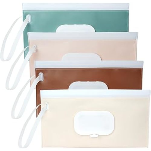 4 Pack Wipes Dispenser, Seposeve Portable Baby Wipe Case, Refillable Baby Wipes Container, Wipe Holder, Keeps Wipes Fresh, Reusable Wet Wipe Pouch for Outdoor Outing, Camping, Hiking. PureColor