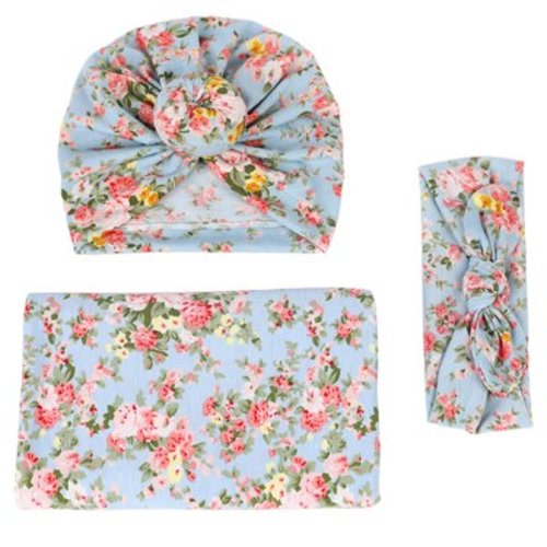 Zwiiyzr 3-Piece Set Newborn Swaddle Set With Hat + Large Bow Headband Baby Swaddle Blanket Newborn Photography Swaddle Wrap Receiving Blanket For Baby Girl Boy Blue