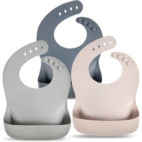 Eascrozn Silicone Bibs for Babies Toddler Set of 3, BPA Free, Soft Adjustable Waterproof Bibs for Feeding Essentials