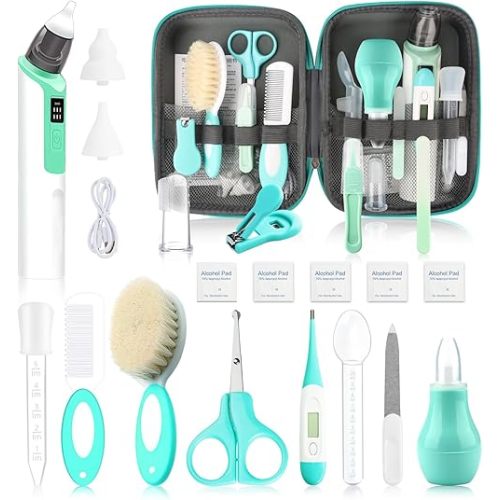 Baby Grooming Kit, Infant Safety Care Set with Baby Electric Nose Aspirator,Baby Hair Brush Comb Nail Clipper Nasal Aspirator,Baby Essentials Kit for Newborn Girls Boys (21 Pc Green Kit)