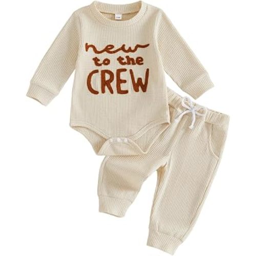 allshope Newborn Baby Boy Fall Outfit Romper Long Sleeve Letter Embroidery Jumpsuit Bodysuit Pants Infant Waffle Clothes Set