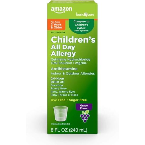 Amazon Basic Care Children’s 24 Hour Allergy Relief, Cetirizine Hydrochloride Oral Solution 1 mg/mL, Grape Flavor, Dye Free, 8 fl oz (Pack of 1)