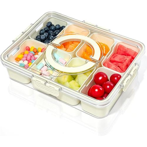 Divided Serving Tray with Lid and Handle,8 Compartments Snacks Box,Snack Fruit and Veggie Tray,Portable Platter for Candy Fruits Nuts Snack Party Entertaining Picnic (1 PCS)