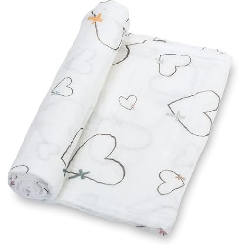 LollyBanks Baby Swaddle Blanket, 100% Cotton Muslin Blankets for Boys and Girls, Large 47 x 47 Inches Soft and Breathable Swaddles for Newborns, Cozy Baby Receiving Blankets, Registry (Heart Print)