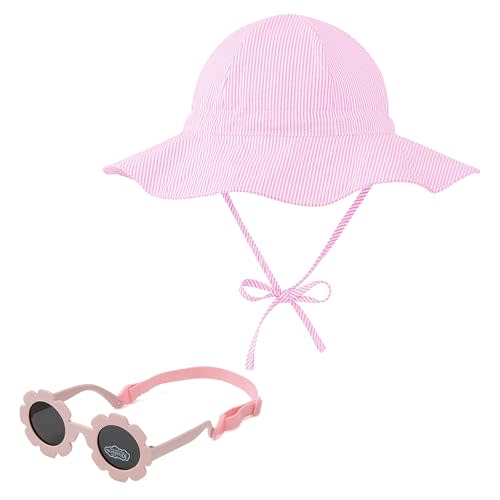Zando UPF 50+ Wide Brim Baby Sun Hat with Sunglasses 0-12M - Sun Protection Infant Toddler Bucket Hat Adjustable for Outdoor