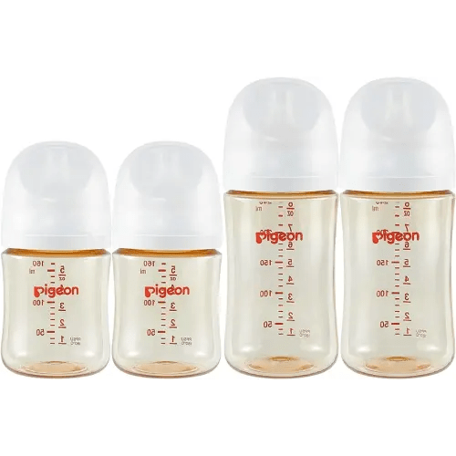 Pigeon PPSU Nursing Baby Bottle Wide Neck(Pack of 4), Streamlined Body, Natural Feel, Easy to Clean, Heat-Resistant, 5.4Oz and 8.1 Oz