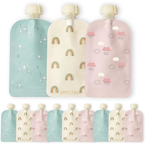 Hippypotamus Reusable Baby Food Pouches for Toddlers - BPA Free Food Grade - Dishwasher & Freezer Safe - Baby Food Containers - Refillable Squeeze Pouch For Applesauce & Yogurt - 12 Pack (Rainbows)
