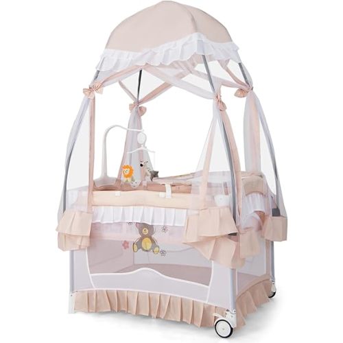 HONEY JOY 4-in-1 Pack and Play with Canopy, Portable Baby Playard w/Changing Table and Infant Bassinet Cute Toys & Music, Foldable Bassinet for Newborn and Toddler(Light Pink)