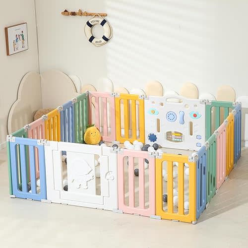 Baby Play Pen, Foldable Play Pens for Babies and Toddlers, 18 Panels Extra Large Baby Playpen, Astronauts Portable Baby Fence, Baby Gate Playpen, Baby Play Yard - Colorful