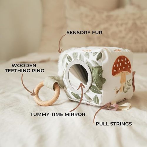 Soft Toy Block with Wooden Ring for Babies 0-3 and 0-6 Months - The Perfect High Contrast Activity Cube & Teething Toy with Tummy Time Mirror for Newborns - A Fun Sensory & Development Toy for Infants - Woodland Floral