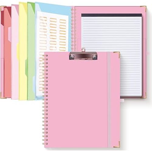 HAUTOCO Clipboard Folio with Refillable Notepad for Letter Size (11" x 8.5"), 5 Dividers with 10 Pockets, Elastic Pen Holder and File Folder Labels, Spiral Nurse Clipboard Artboard(Pink)