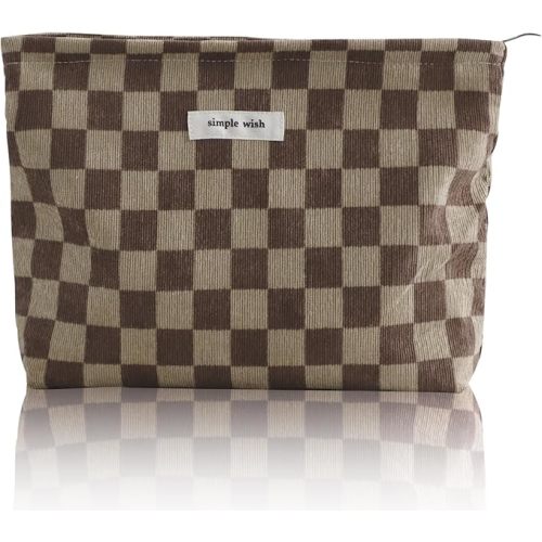 Travel Cosmetic Bag Checkered Makeup Bag Canvas Makeup Pouch for Women Toiletry Pouch Large Capacity Make up Organizer with Zipper Aesthetic (Brownish Checkered)
