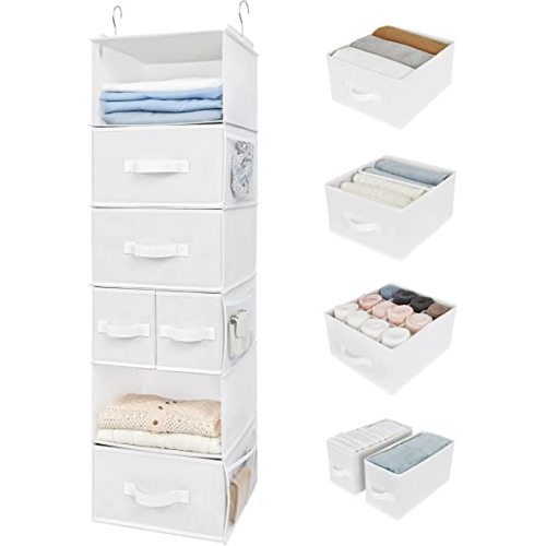 GRANNY SAYS Hanging Closet Organizer and Storage, 6 Shelf Clothes Organization with Drawers, 6 Side Pockets Closet Hanging Shelves for Bras, Socks, Underwear, Nursery Room, Wardrobe, White, 1-Pack
