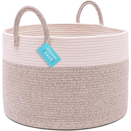OrganiHaus Brown Towel Basket for Bathroom 20x13, Large Toy Basket for Storage for Kids, Large Blanket Basket for Living Room, Round Laundry Basket & Blanket Bin, Large Woven Basket for Storage
