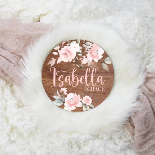 Blush Rose Floral Round Wood Name Sign, Pink Rose Baby Sign, Round Wood Baby Name Sign, Birth Announcement Sign, Blush Nursery Decor F69