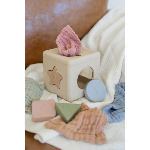 Silicone Shape Sorter & Tissue Box Toy with Organic Muslin Cotton Cloths - Baby Toys for Development - Montessori Learning Non-Toxic Toy