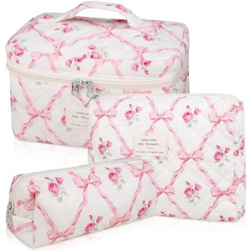 3PC Makeup Bag Set, Quilted Makeup Bag, Large Floral Cosmetic Bag for Women, Cute Cotton Makeup Bags, Flower Travel Toiletry Organizer Bag (Pink Flower)