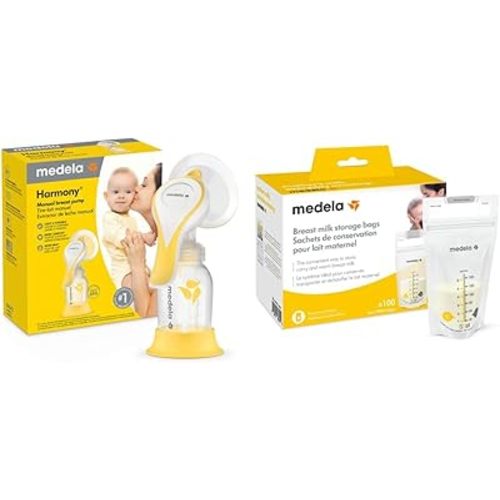 Medela New Harmony Manual Breast Pump with Flex Breast Shield and 100 Count Breast Milk Storage Bags, Compact Single Hand Breastpump, Ready to Use Breastmilk Bags for Breastfeeding