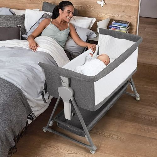 Cowiewie Bassinet Bedside Sleeper, Baby Bassinet with 7 Adjustable Height, Bedside Bassinet for Baby with Storage, Breathable Mesh & Mattress, Portable Bassinet Easy Folding (Baby Brown)