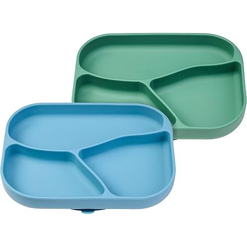 NumNum Silicone Toddler Suction Plates for Baby - 100% Food Grade Divided Plate w/Easy Release Tab, BPA Free & Dishwasher Safe - Non-Slip Dishes for High Top, Dining Table - 2 Pack, Blue/Green