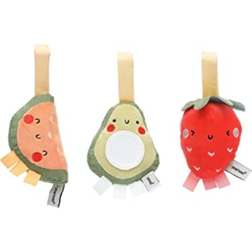 Pearhead Fruit Stroller Toys, Plush Corduroy Baby Travel Car Seat Toy Set, Baby Hanging Mirror and Interactive Toys, Gender-Neutral Baby Travel Accessories, Strawberry Avocado Watermelon Set of 3