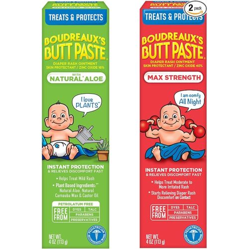 Boudreaux's Butt Paste Diaper Rash Ointment Variety Pack (1-4 oz Maximum Strength, 1-4 oz Natural Aloe)