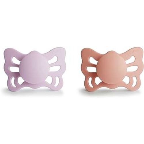 FRIGG Butterfly Anatomical SilkySoft Silicone Baby Pacifier | Made in Denmark | BPA-Free (Soft Lilac/Pretty in Peach, 0-6 Months)