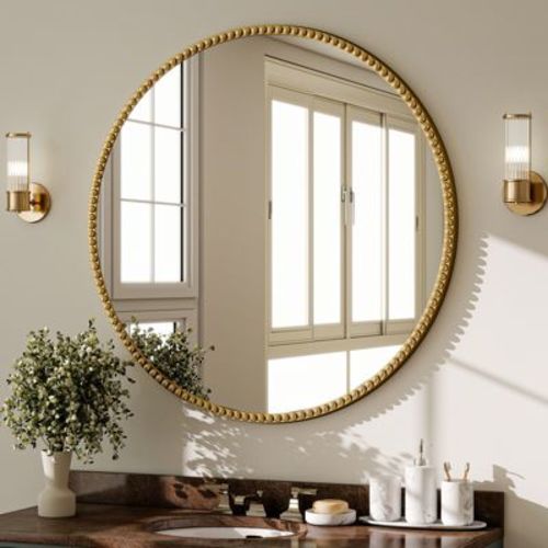 BEAUTYPEAK Round Wall Mirror 28"x28" Antique Beaded Resin Frame Vanity Mirror