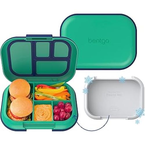 Bentgo Chill Kids Leak-Proof Lunch Box - 4-Compartment Bento Box with Built-In Ice Pack, 3.3 Cup Capacity, PFAS & BPA-Free, Microwave & Dishwasher Safe, Ideal Size for Ages 3 to 7 (Green/Navy)