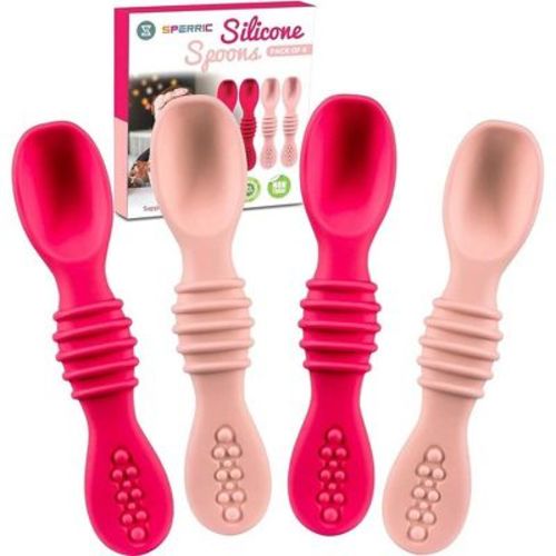 Silicone Baby Spoons For Baby Led Weaning 4-pack, First Stage Baby Feeding Spoon Set Gum Friendly Bpa Free (rose Quartz/lite Green)