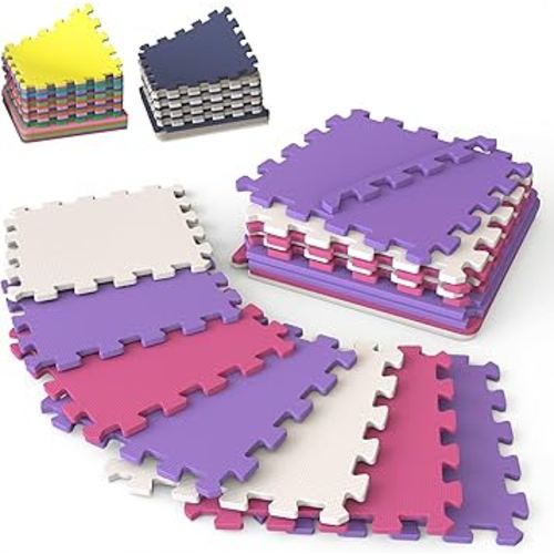 16 Tiles with Borders | 12" x 12" Baby Play Mat Foam Puzzle Floor Tiles | Non-Toxic Soft Waterproof Interlocking EVA Playmat for Nursery Playroom Playpen Toddler Tummy Mat (Pink, Purple & White, 36)