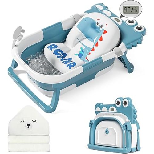 MoreFeel Collapsible Baby Bathtub for Newborn with Thermometer & 1 Hooded Towel & 1 Soft Floating Cushion,Portable Travel Bathtub with Drain Hole, Durable Foldable Baby Tubs for Infants to Toddler